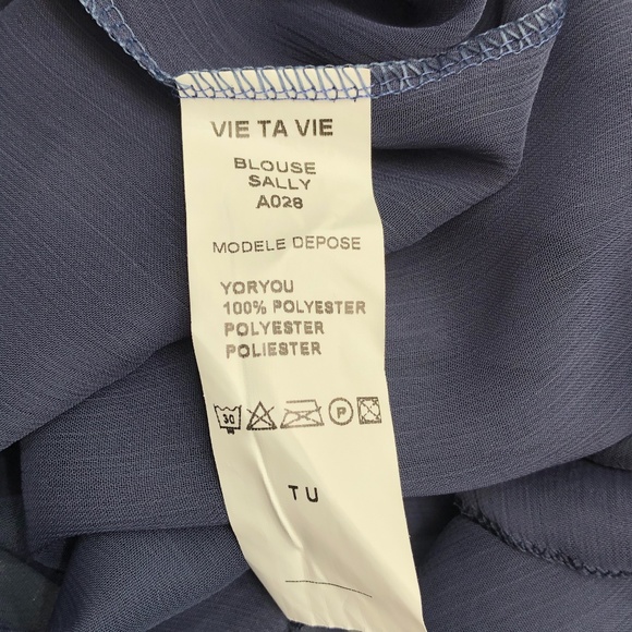 VIE TA VIE NAVY SALLY BLOUSE OFF-THE-SHOULDER SEMI SHEER TOP WITH SCARF/BELT - Picture 14 of 14